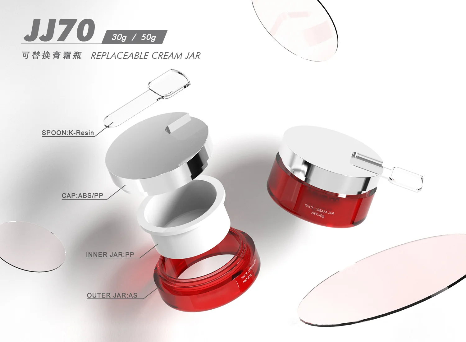 Red outer cream jar and separated white insert and lid