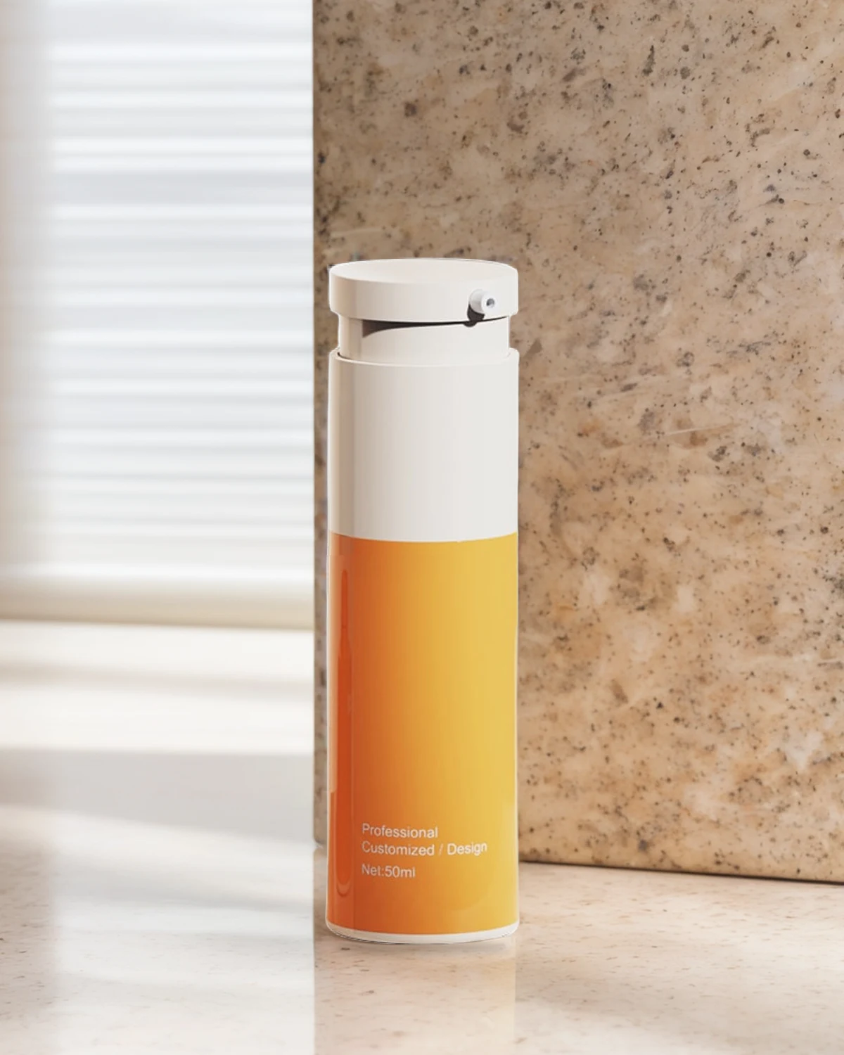 Earlier AI-assisted Oulete orange bottle concept against a stone architectural background