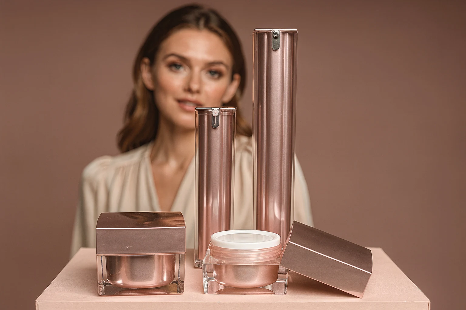 AI campaign concept with pink packaging in front of a synthetic adult fashion model