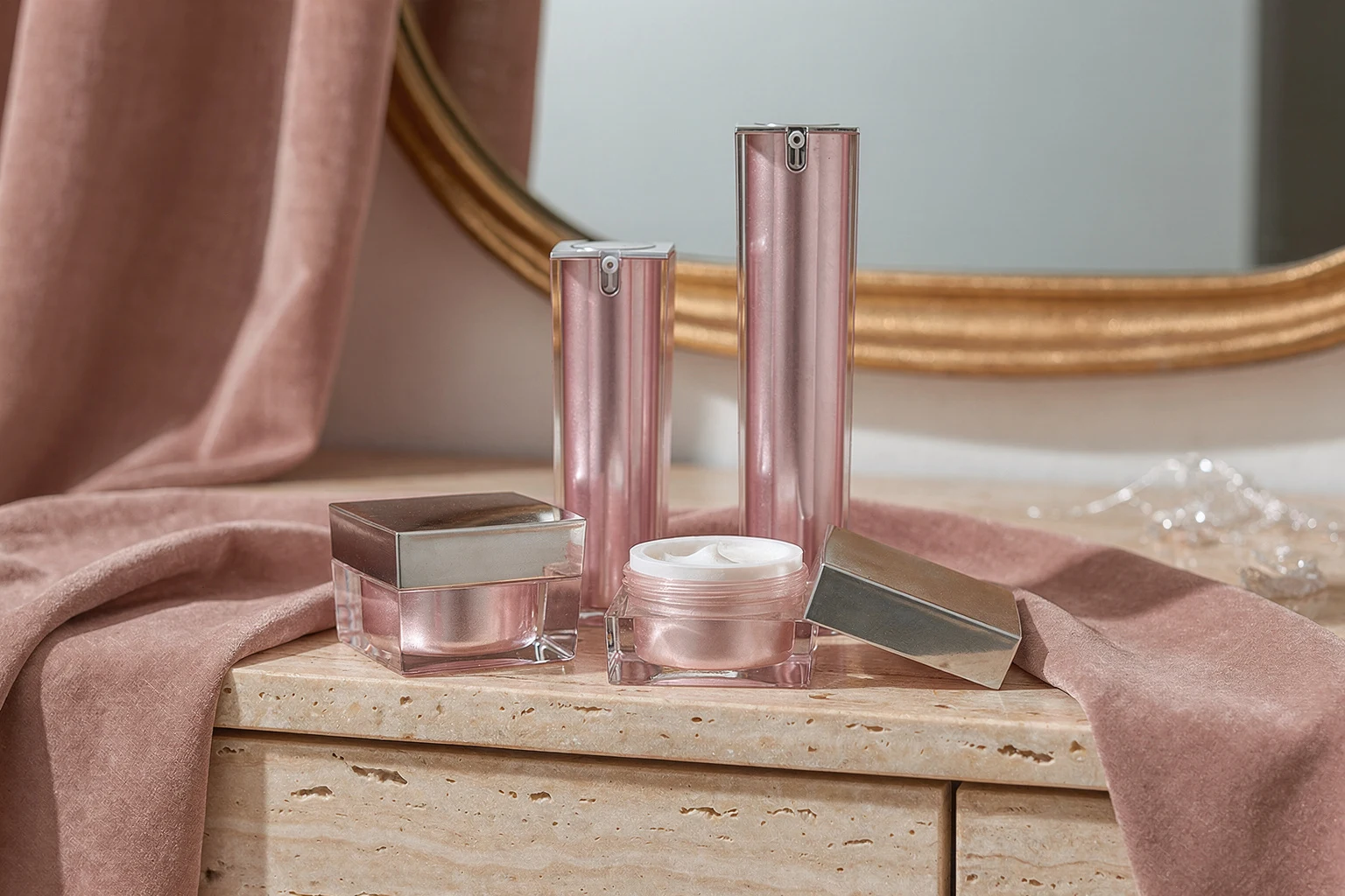 AI scene concept showing pink cosmetic bottle and jar references on a travertine vanity